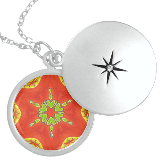 Red Gold Green Mandala Art Print Sterling Silver Necklace (Front)