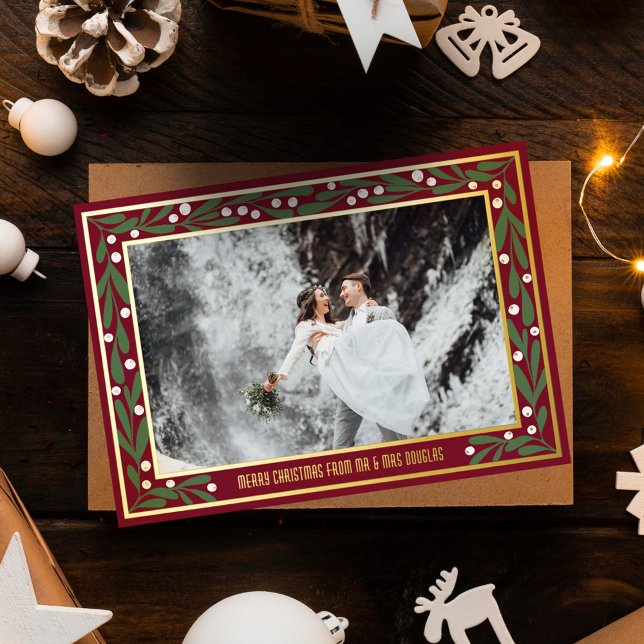 Red Gold Green Mistoetoe Frame Merry Christmas Foil Holiday Card (Creator Uploaded)