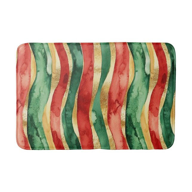 Red Gold Green Stripes Christmas Bath Mat (Front)