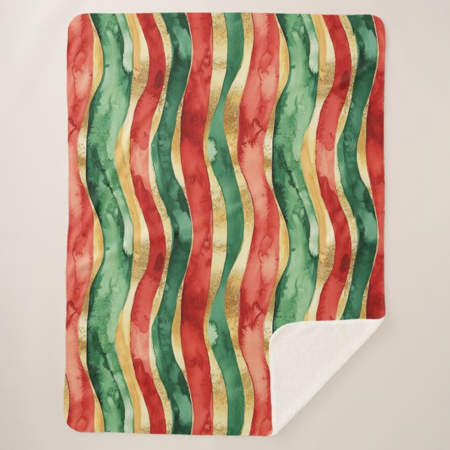 Red Gold Green Stripes   Sherpa Blanket (Front)