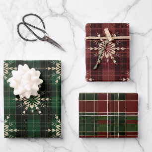 Red, Gold & Green Winter Christmas Plaid Patterns Wrapping Paper Sheets