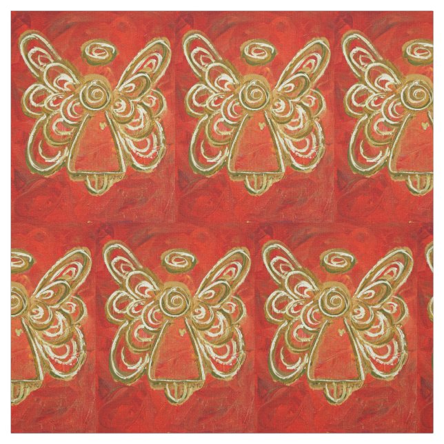 Red Gold Guardian Angel Art Fabric Material (Swatch)