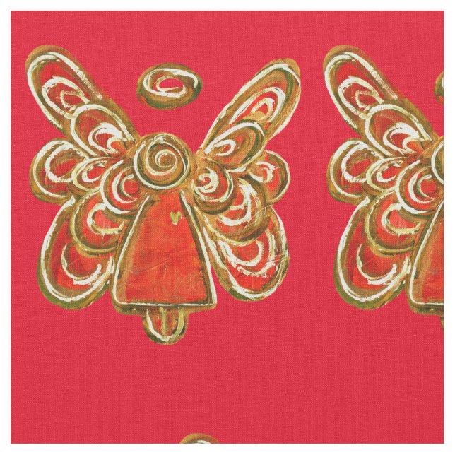 Red Gold Guardian Angel Art Fabric Material (Close Up)