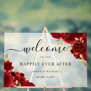 Red Gold Happily Ever After Wedding Acrylic Sign