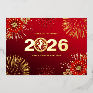 Red Gold Happy Chinese New Year Horse Foil Holiday Card