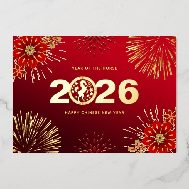 Red Gold Happy Chinese New Year Horse Foil Holiday Card (Front)