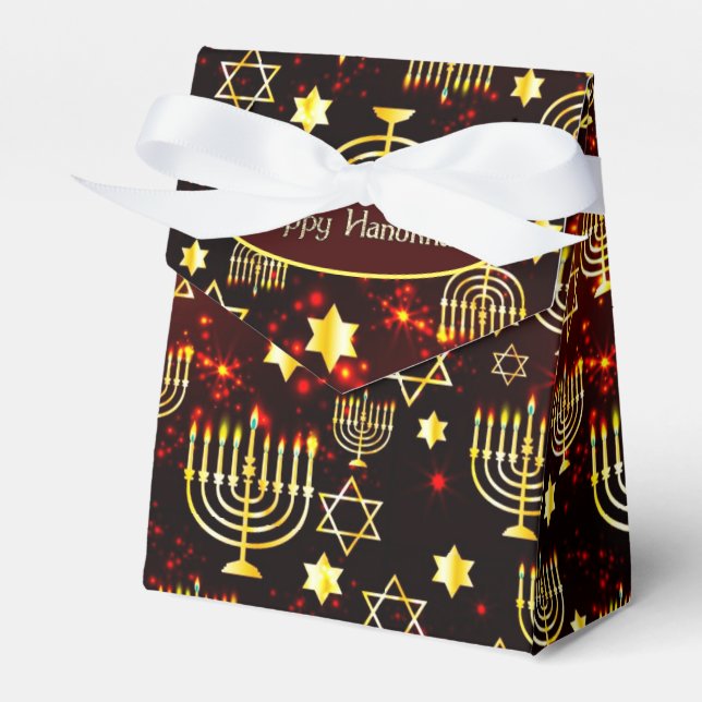 Red & Gold Happy Hanukkah Menorah Tent Favor Boxes (Front Side)