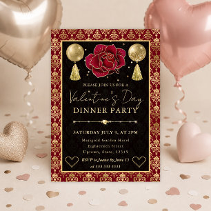 Red & Gold Heart Damask & Rose Valentine's Dinner Invitation
