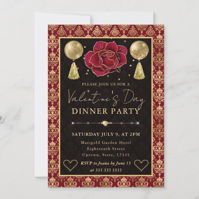 Red & Gold Heart Damask & Rose Valentine's Dinner Invitation (Front)
