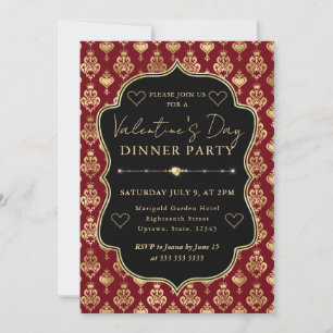 Red & Gold Heart Damask Valentine's Dinner Party Invitation