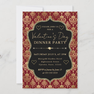 Red & Gold Heart Damask Valentine's Dinner Party Invitation