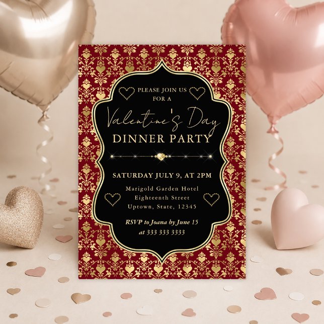 Red & Gold Heart Damask Valentine's Dinner Party Invitation (Creator Uploaded)