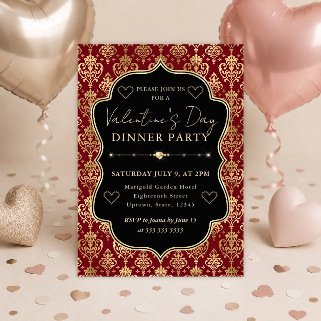 Red & Gold Heart Damask Valentine's Dinner Party Invitation (Creator Uploaded)