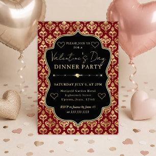 Red & Gold Heart Damask Valentine's Dinner Party Invitation