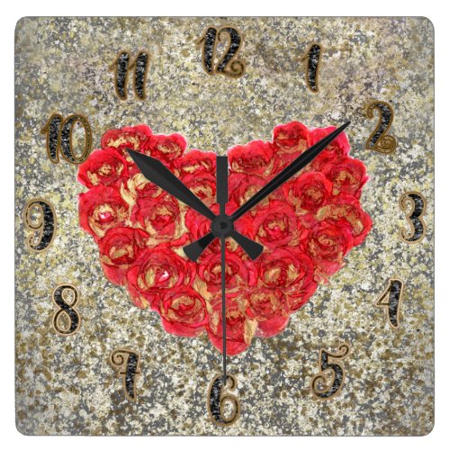 Red &amp; Gold Heart Glam Rustic Love Rustic Valentine Square Wall Clock