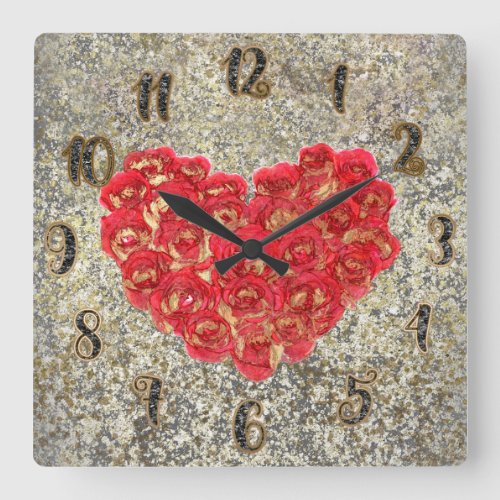 Red  Gold Heart Glam Rustic Love Rustic Valentine Square Wall Clock