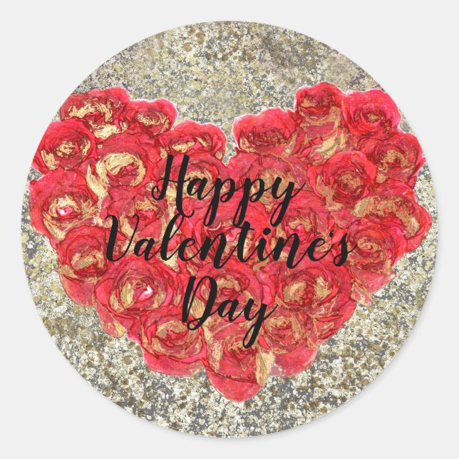 Red & Gold Heart Glam Valentine's Day Party Favor Classic Round Sticker (Front)