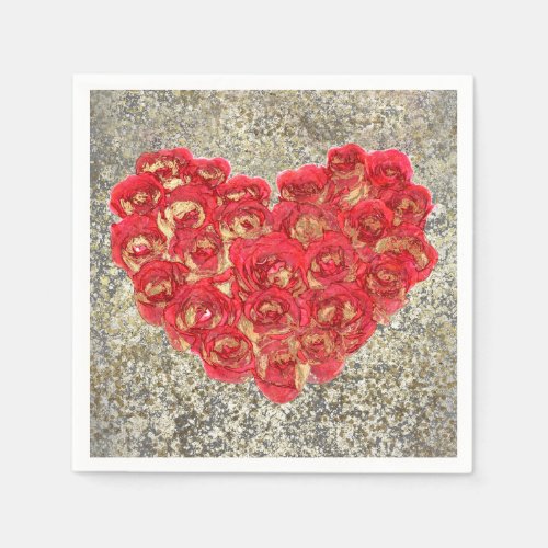 Red  Gold Heart Glam Valentines Day Party Napkins