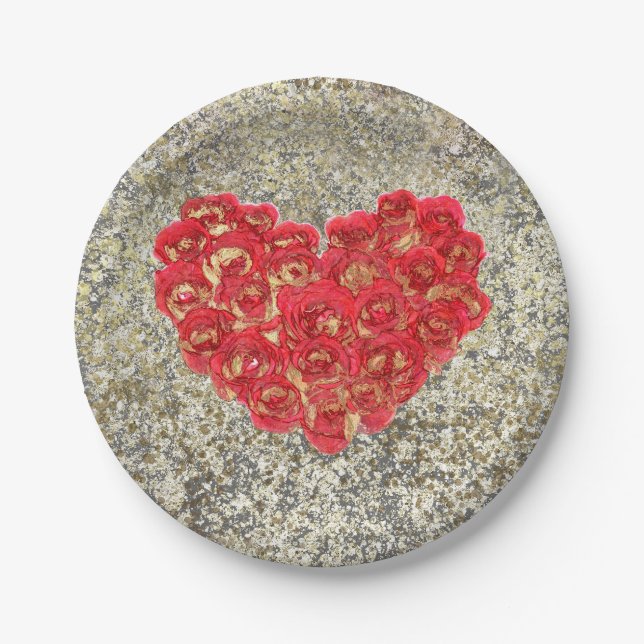 Red & Gold Heart Glam Valentine's Day Party Paper Plates (Front)