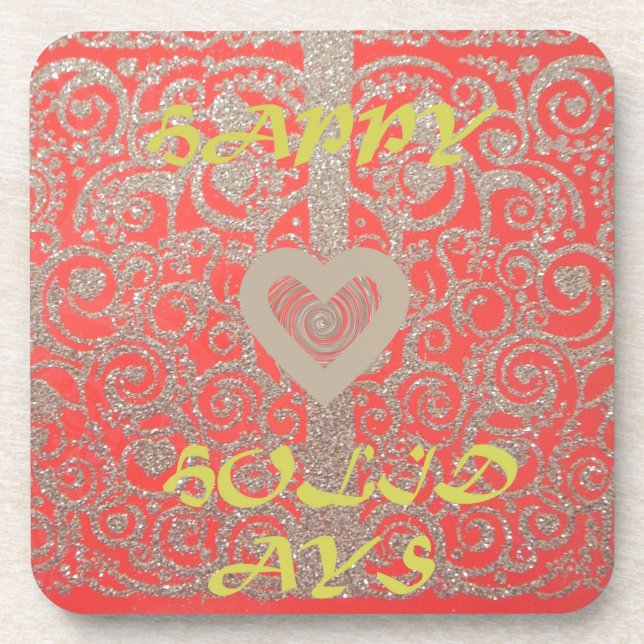 Red & Gold Heart Glitter: Luxurious Happy Christma Beverage Coaster (Front)