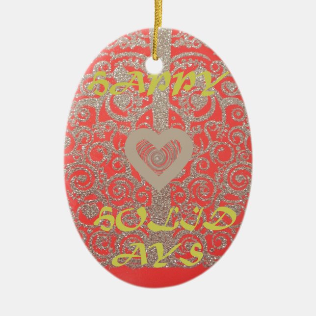 Red & Gold Heart Glitter: Luxurious Happy Christma Ceramic Ornament (Front)