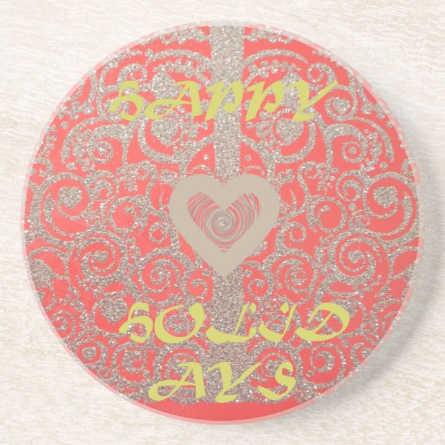 Red & Gold Heart Glitter: Luxurious Happy Christma Coaster (Front)