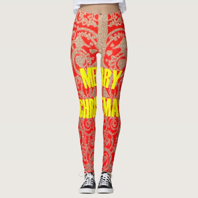 Red & Gold Heart Glitter: Luxurious Happy Christma Leggings (Front)