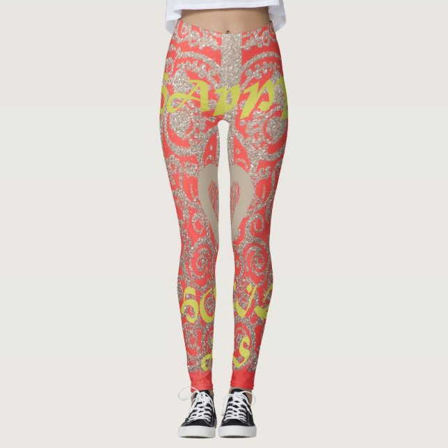 Red & Gold Heart Glitter: Luxurious Happy Christma Leggings (Front)