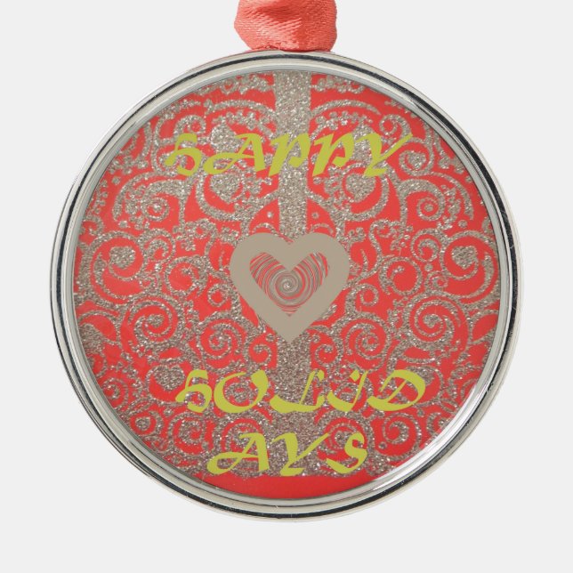 Red & Gold Heart Glitter: Luxurious Happy Christma Metal Ornament (Front)