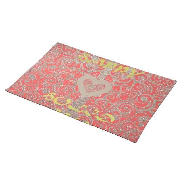 Red & Gold Heart Glitter: Luxurious Happy Christma Placemat (On Table)