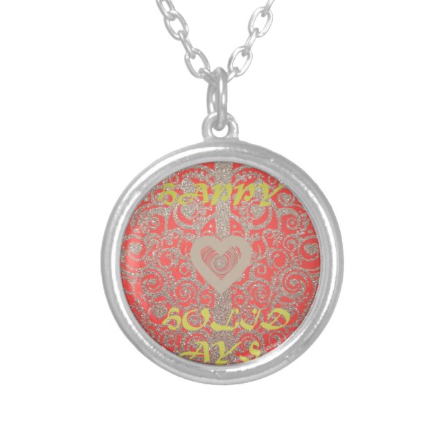 Red & Gold Heart Glitter: Luxurious Happy Christma Silver Plated Necklace (Front)