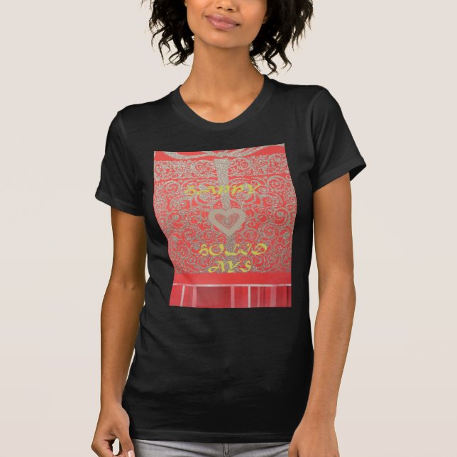 Red & Gold Heart Glitter: Luxurious Happy Christma T-Shirt (Front)