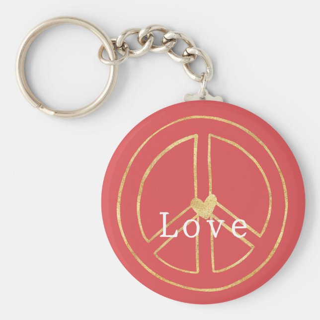 Red Gold Heart Peace Sign Love Christmas Keychain (Front)
