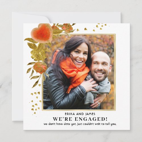 Red Gold Heart Rose Photo Engagement Announcement