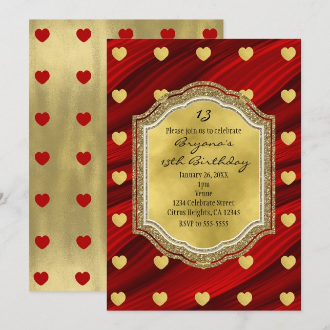Red & Gold Hearts Birthday Party Invitations (Front/Back)