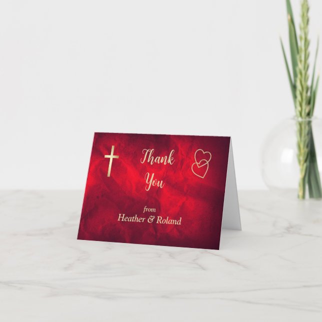Red Gold Hearts Christian Cross Wedding Thank You Card (Front)