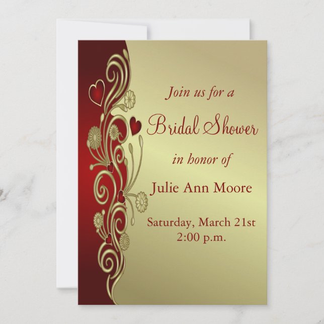 Red & Gold Hearts & Scrolls Bridal Shower Invitation (Front)