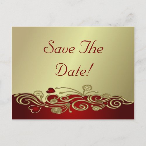 Red  Gold Hearts  Scrolls Save The Date Announcement Postcard