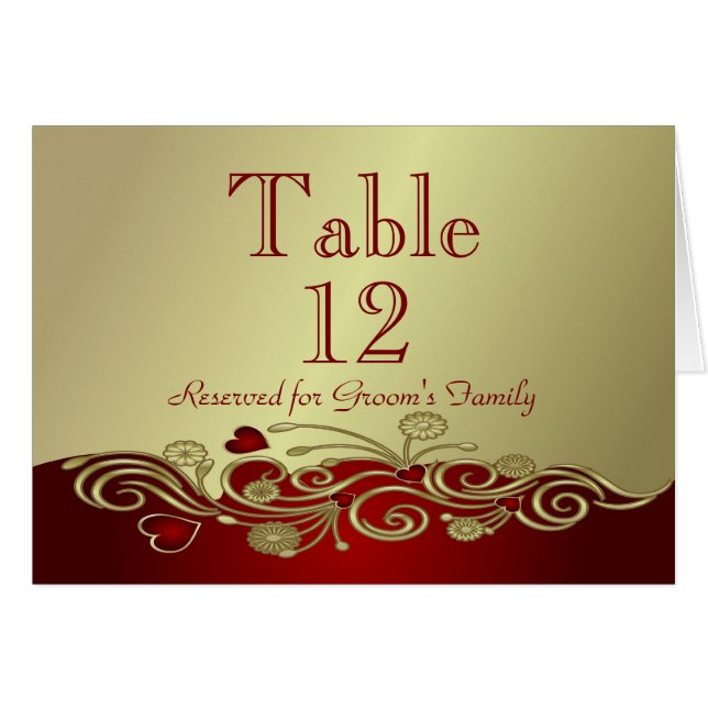 Red & Gold Hearts & Scrolls Table Number (Front Horizontal)