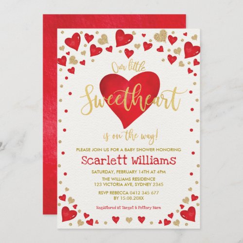 Red Gold Hearts Sweetheart Girl Baby Shower Invitation