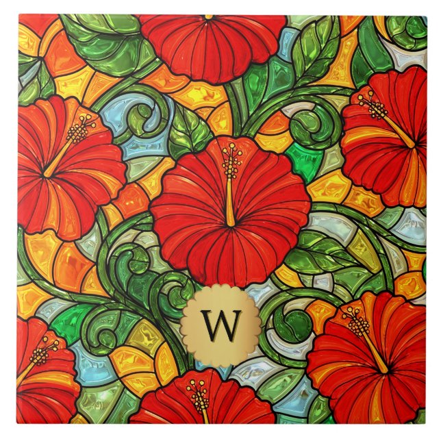 Red Gold Hibiscus Faux Stained Glass Monogram Ceramic Tile (Front)