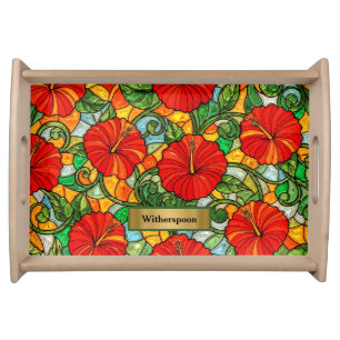Red Gold Hibiscus Faux Stained Glass Monogram Serving Tray