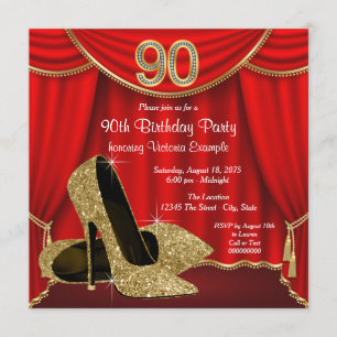 Red Gold High Heel 90th Birthday Party Invitation