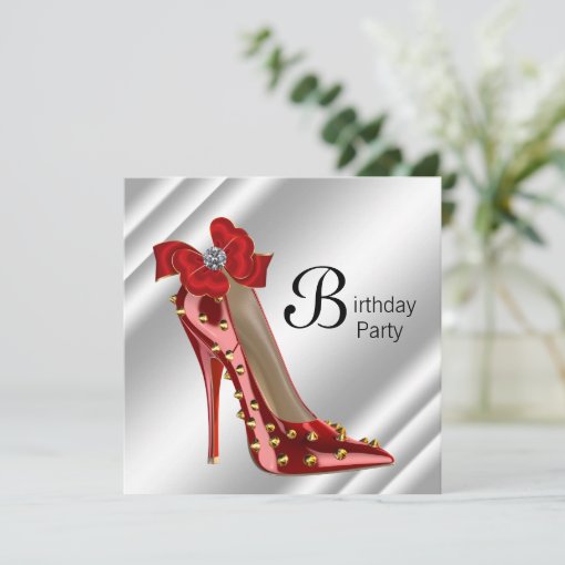 Red Gold High Heel Shoe Birthday Party Invitation | Zazzle