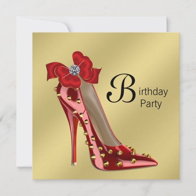 Red Gold High Heel Shoe Birthday Party Invitation (Front)