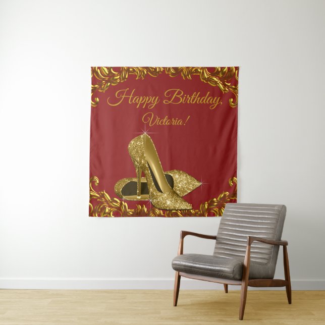 Red Gold High Heel Shoe Birthday Party SQ Backdrop (In Situ)