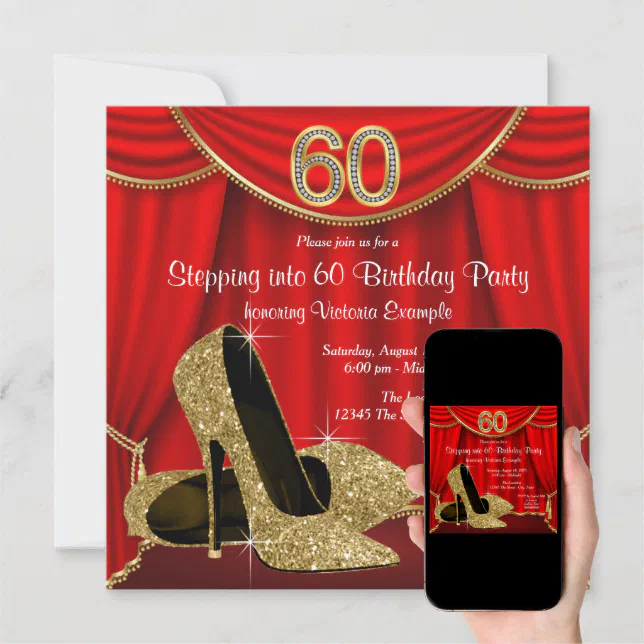Red Gold High Heel Stepping into 60 Birthday Party Invitation | Zazzle