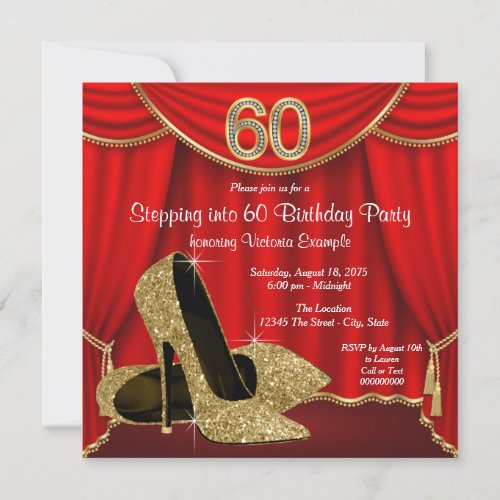 Red Gold High Heel Stepping into 60 Birthday Party Invitation