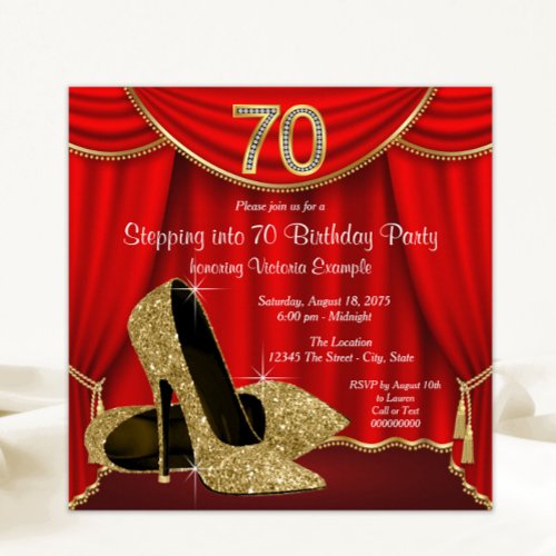 Red Gold High Heel Stepping into 70 Birthday Party Invitation