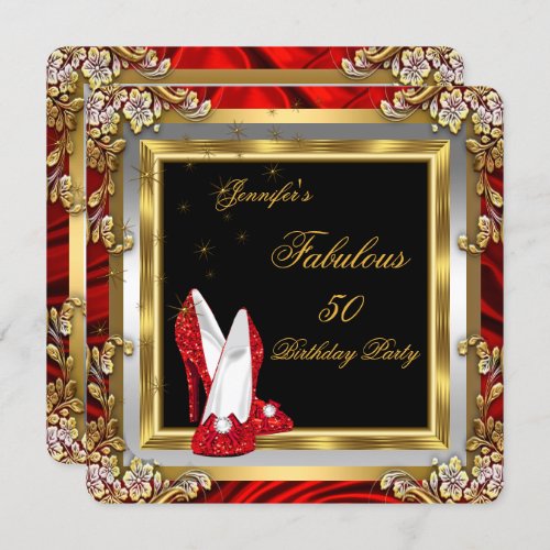 Red Gold High Heels Black Fabulous Birthday Party Invitation